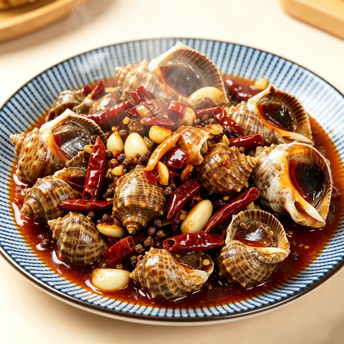 Spicy stir-fried sea whelks with chilli on a plate