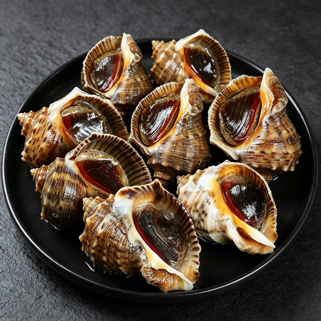 Sea whelks plated in a dark bowl with sauce