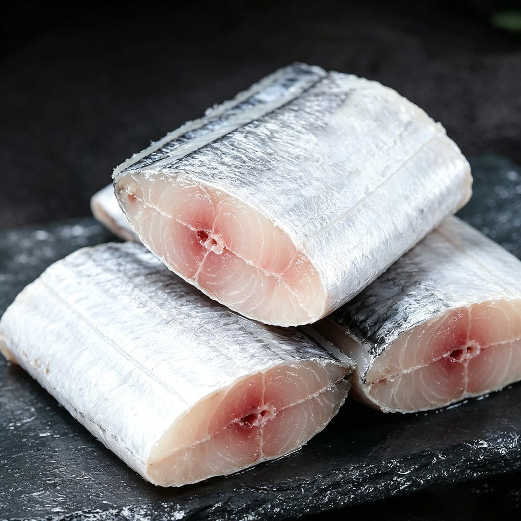 Close-up of raw beltfish sections showing firm white flesh on ice
