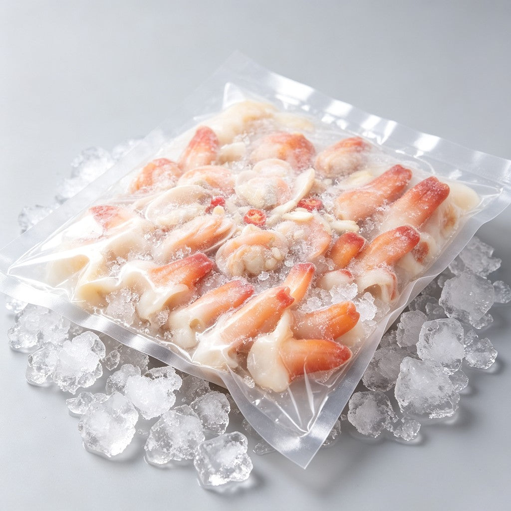 Vacuum-packed geoduck siphon meat on crushed ice