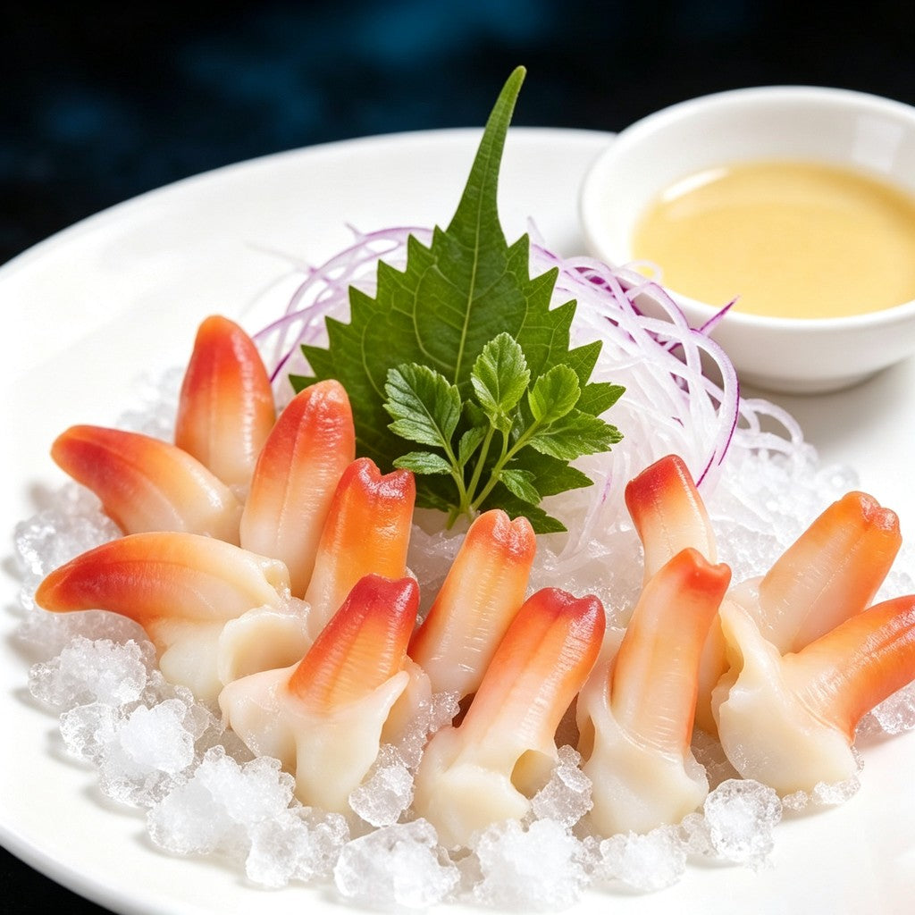 Sliced geoduck meat arranged as a sashimi-style plate