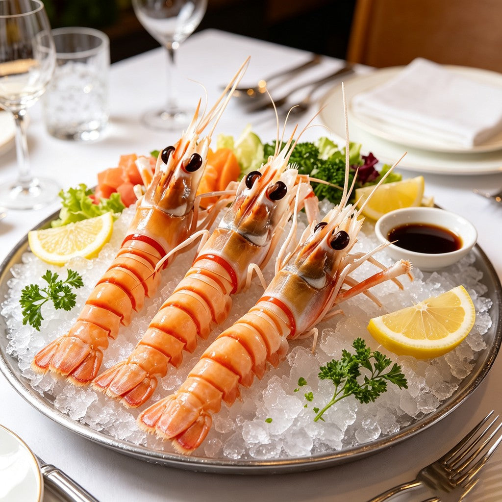 Langoustine scampi arranged on crushed ice with lemon