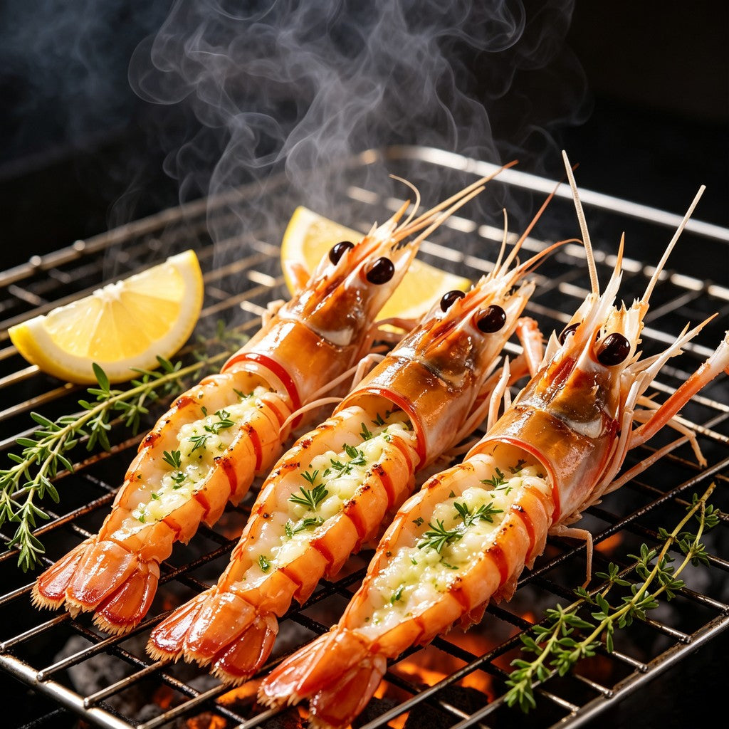 Grilled scampi with herbs on a wire rack