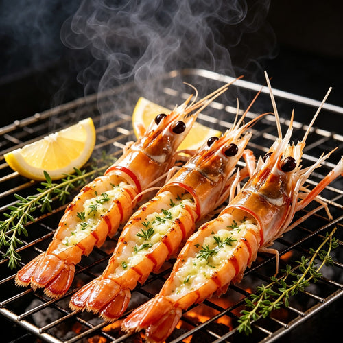 Grilled scampi with herbs on a wire rack