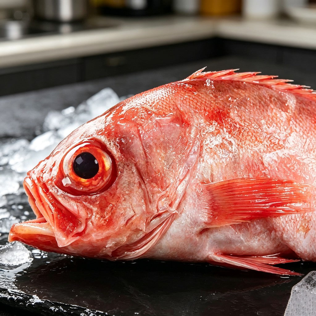 Close-up of a whole red rockfish head on crushed ice