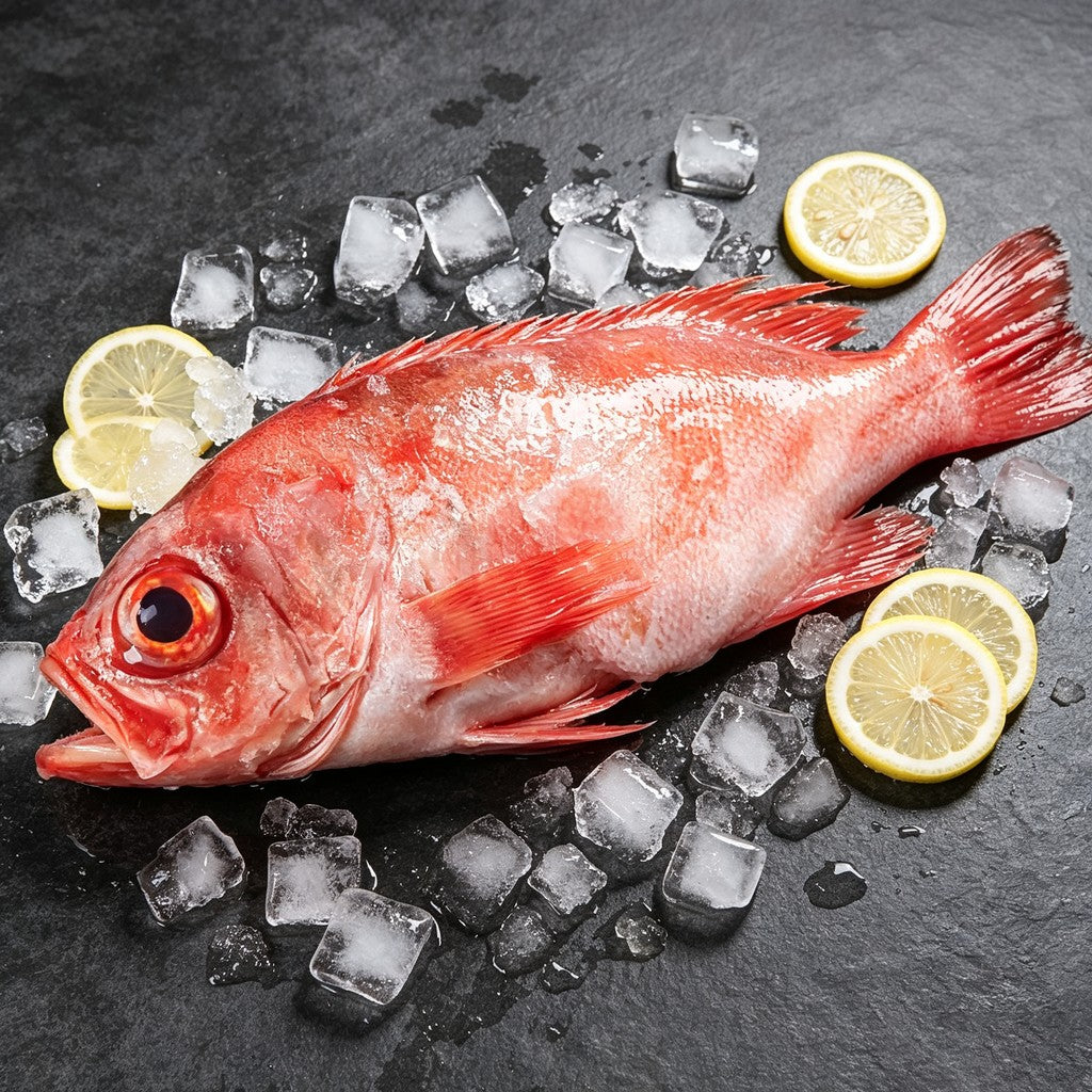 Whole raw red rockfish on dark slate with lemon and ice