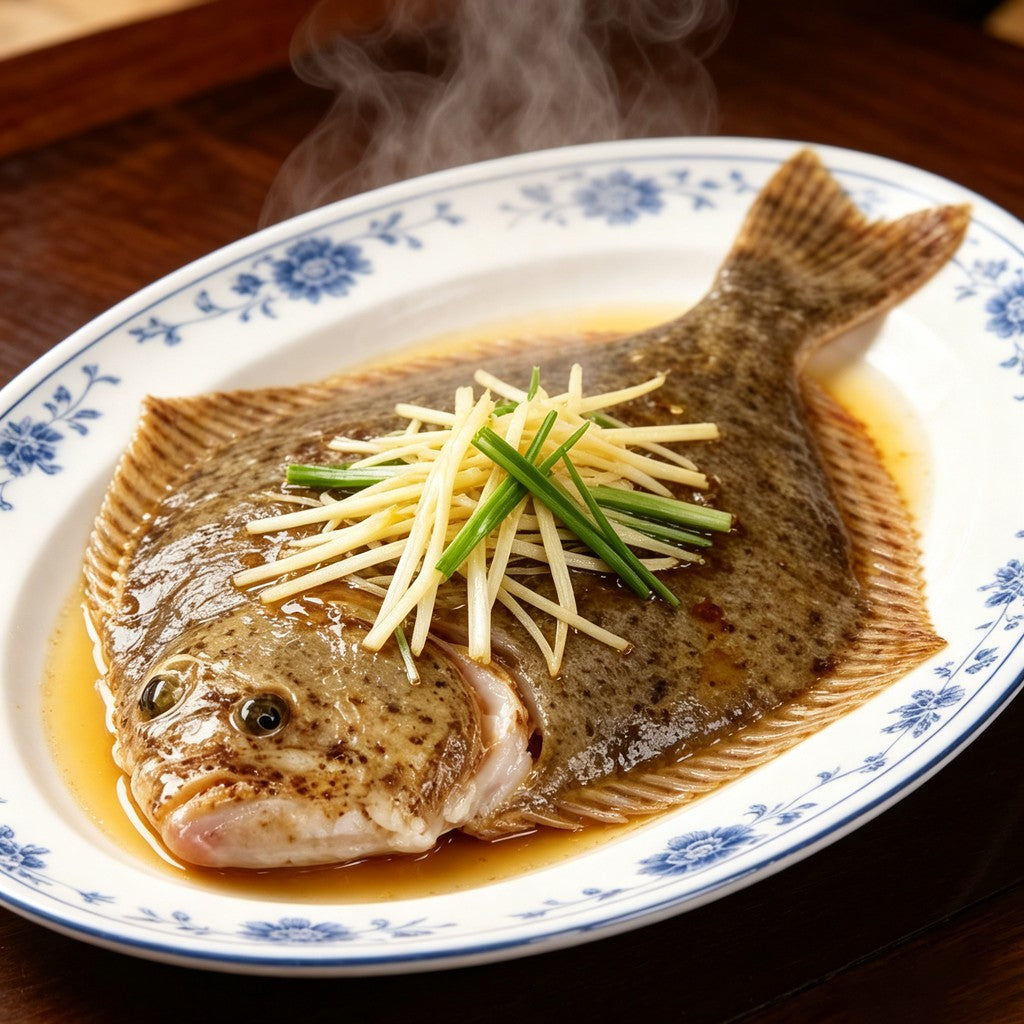 Steamed whole turbot with ginger and spring onion on a plate