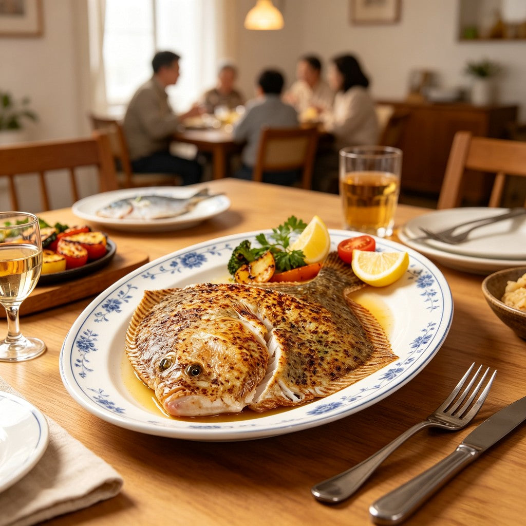 Pan-seared turbot fillet plated in a restaurant setting