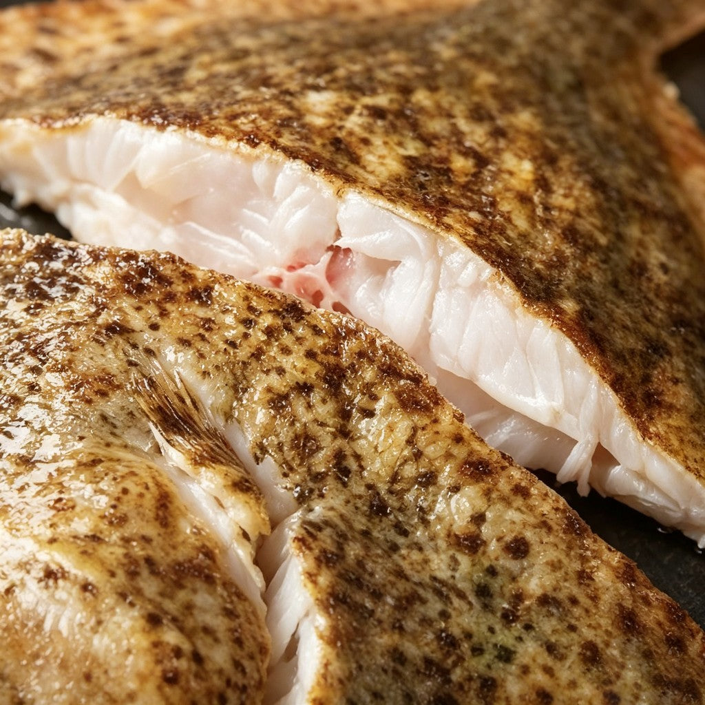Close-up of cooked turbot white flesh and mottled skin