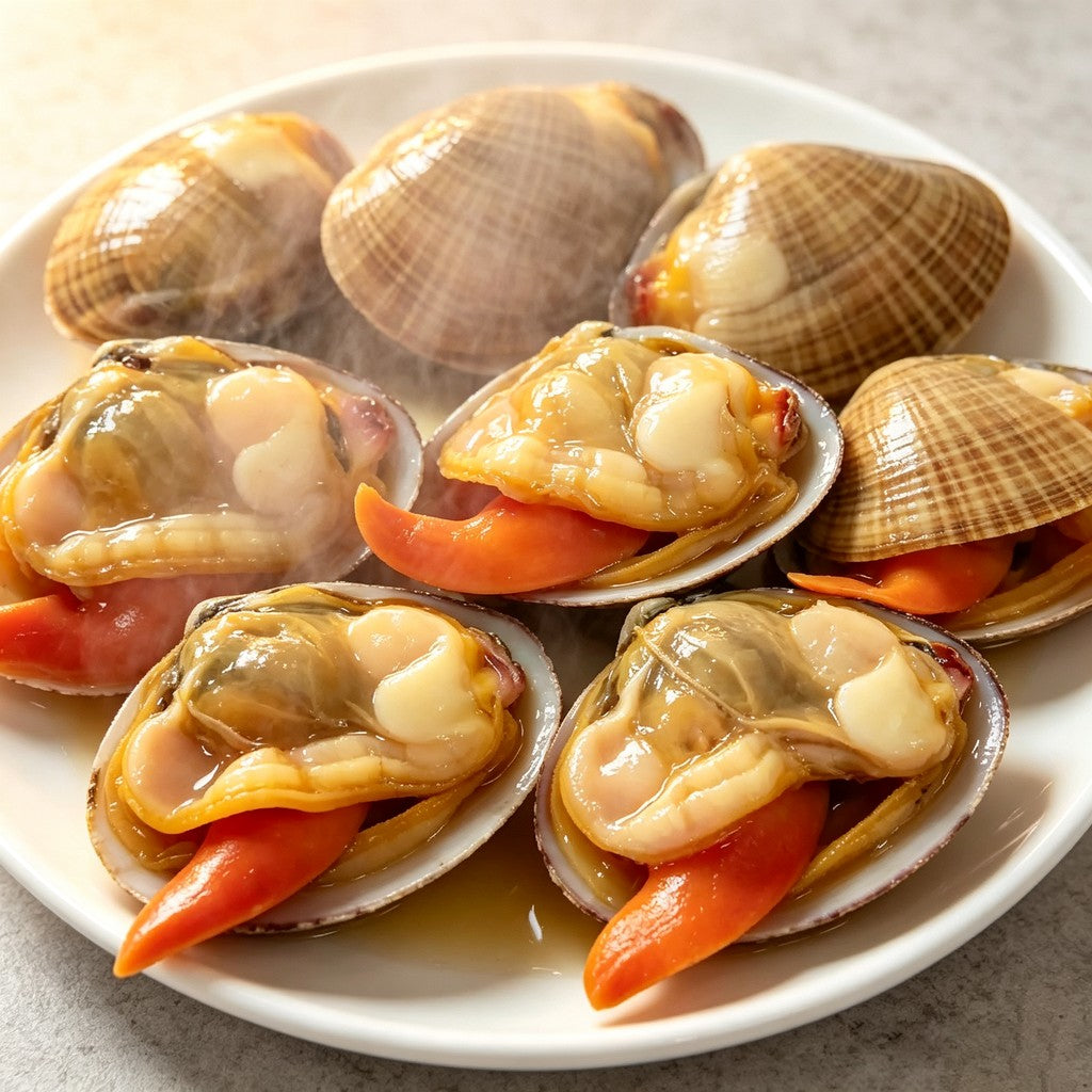 Steamed wenbei clams topped with garlic and chilli